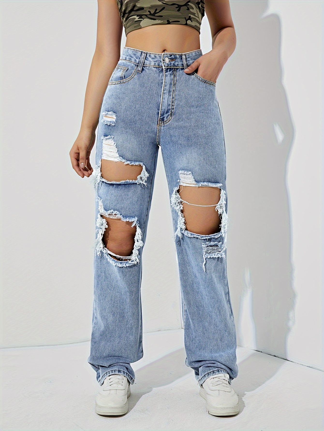 Blue Cut Straight Jeans Ripped Holes Loose Fit Non - Temu