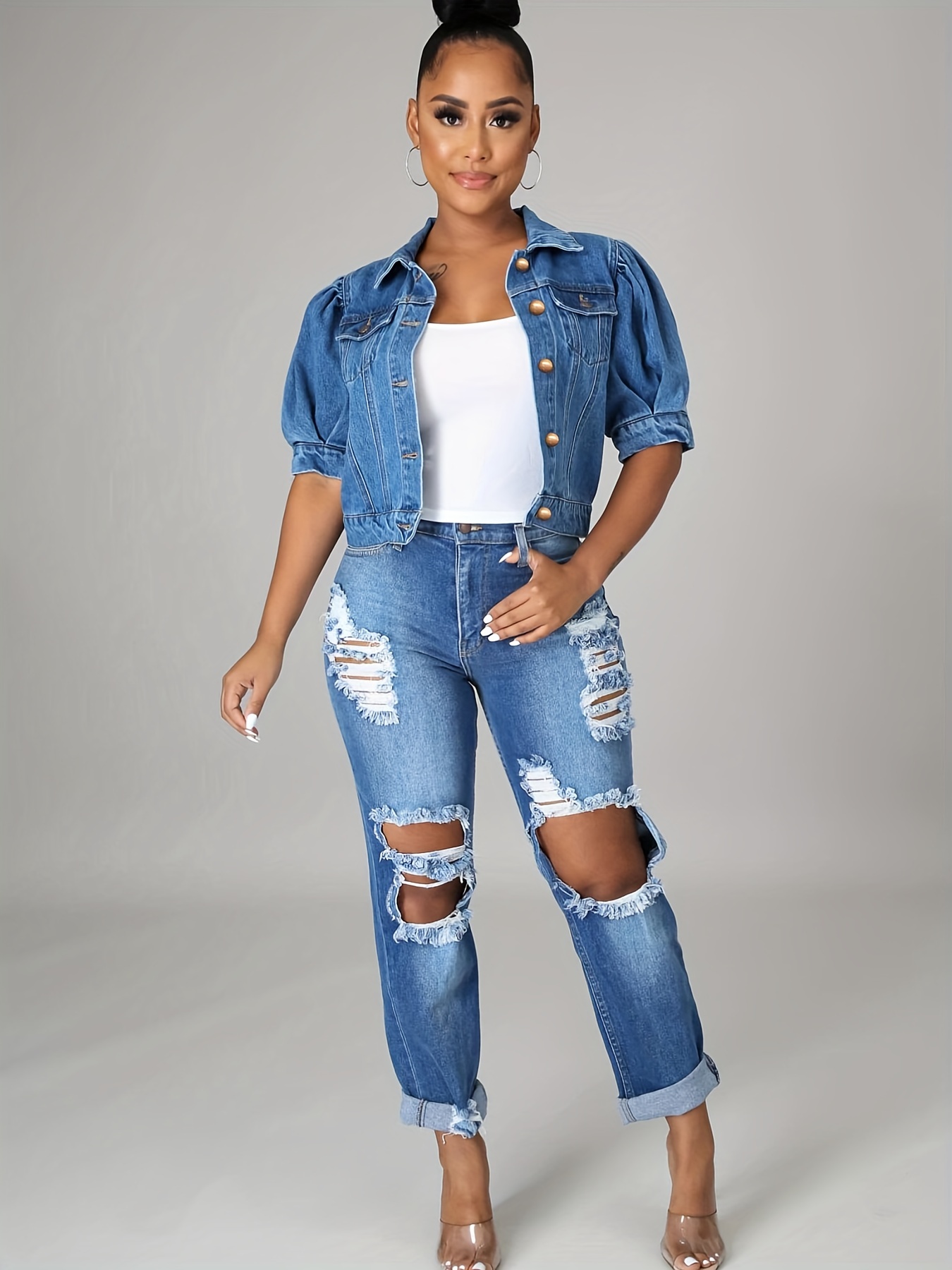 Short sleeve denim 2024 jacket plus size