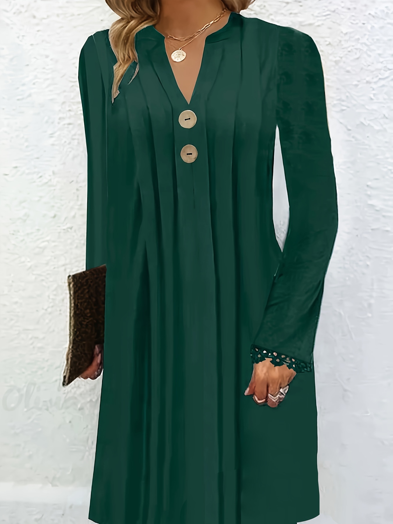 long sleeve button decor tucked dress casual notch neck dress womens clothing