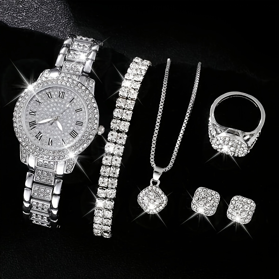 

Luxury Rhinestone Quartz Watch Hiphop Fashion Analog Wrist Watch & 6pcs Jewelry Set, Gift For Women Her
