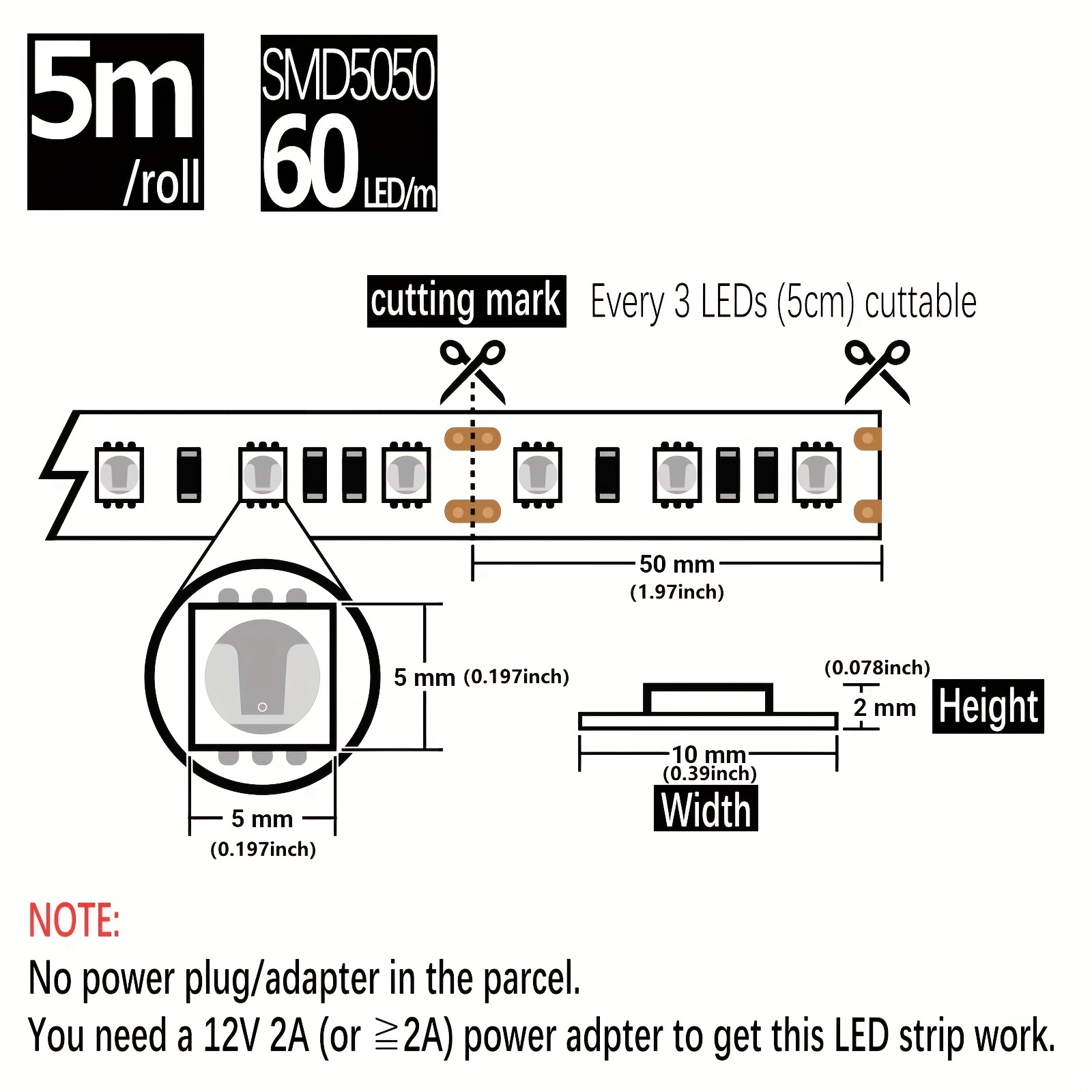 Tira de luz LED verde, 16 pies/16.4 ft SMD 5050 (60 LED/m) 300 LED DC 12V  Flexible Cuttable LED Cinta de luz (sin enchufe de alimentación/adaptador  de