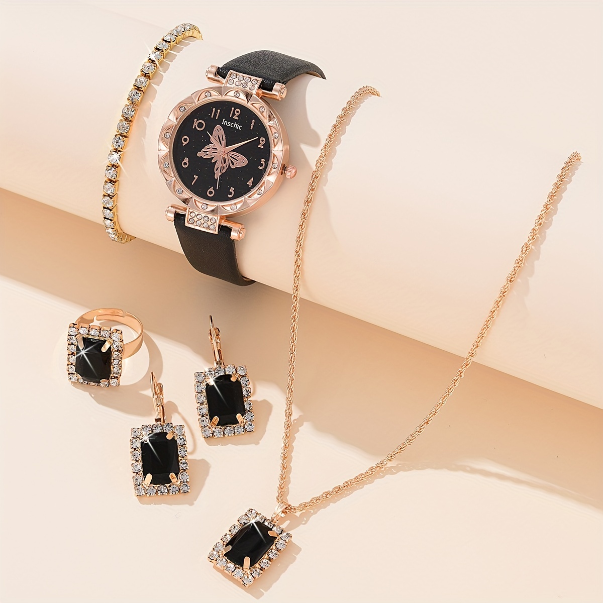 Rhinestone Decor Quartz Watch Rhinestone Jewelry Set Wrist - Temu