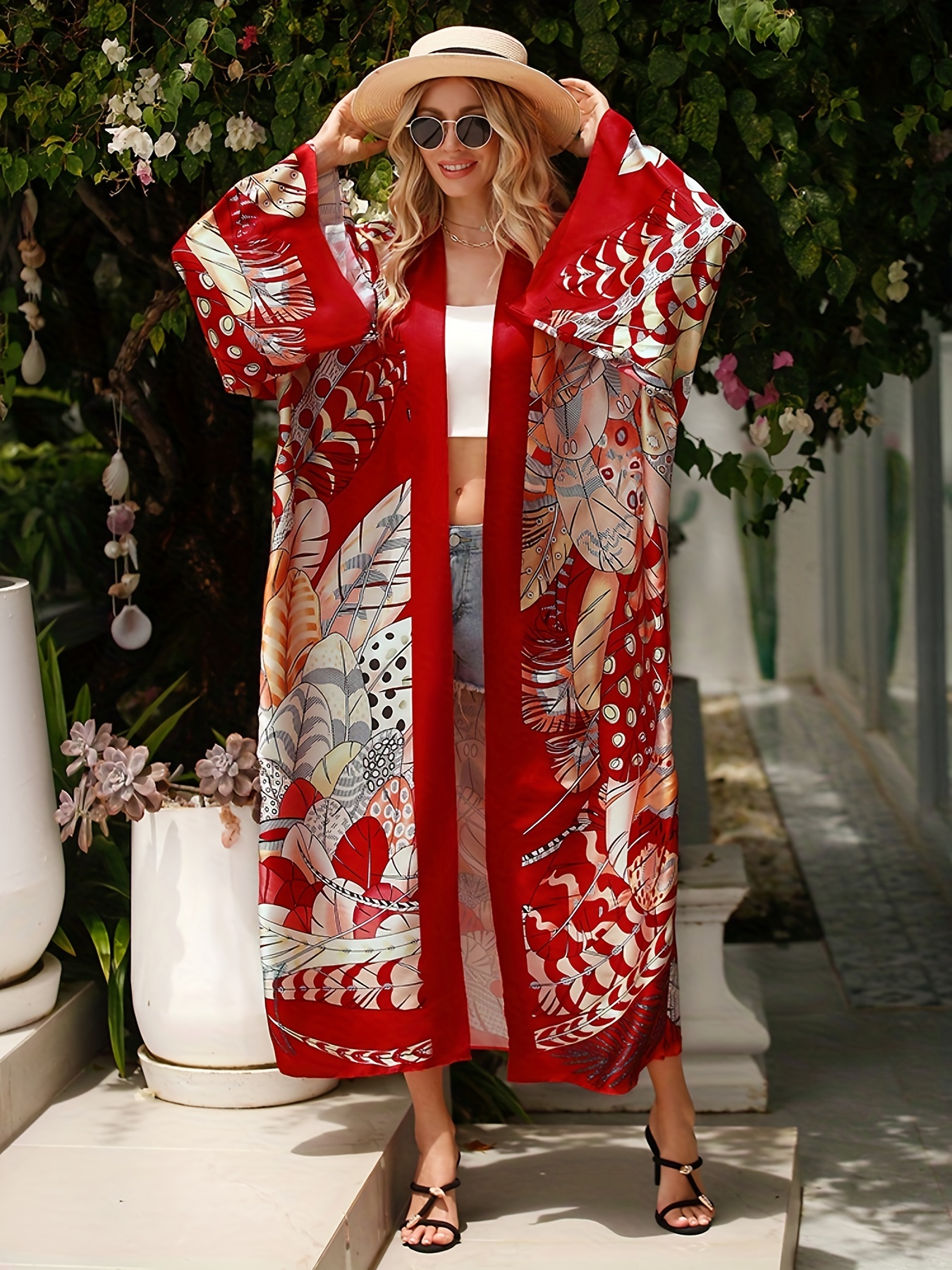 Plus Size Boho Kimono Mujer Plus Colorblock Floral Print - Temu Chile