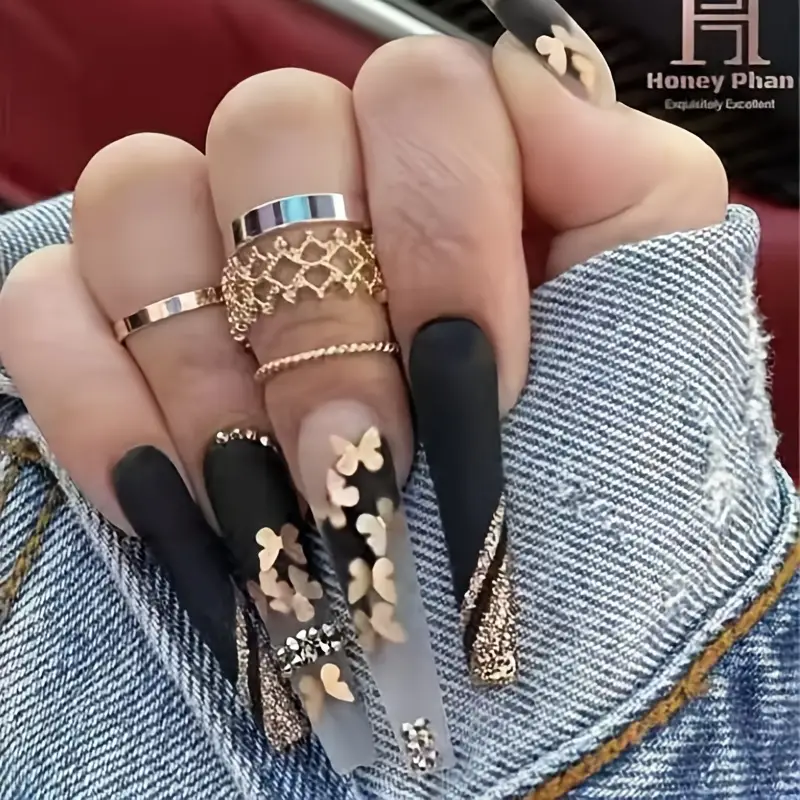 Black Gothic False Nails With Designs Butterfly Gold Glitter Charms Press  On Nails With Rhinestones Matte Fake Nails Coffin For Women Girls 24Pcs