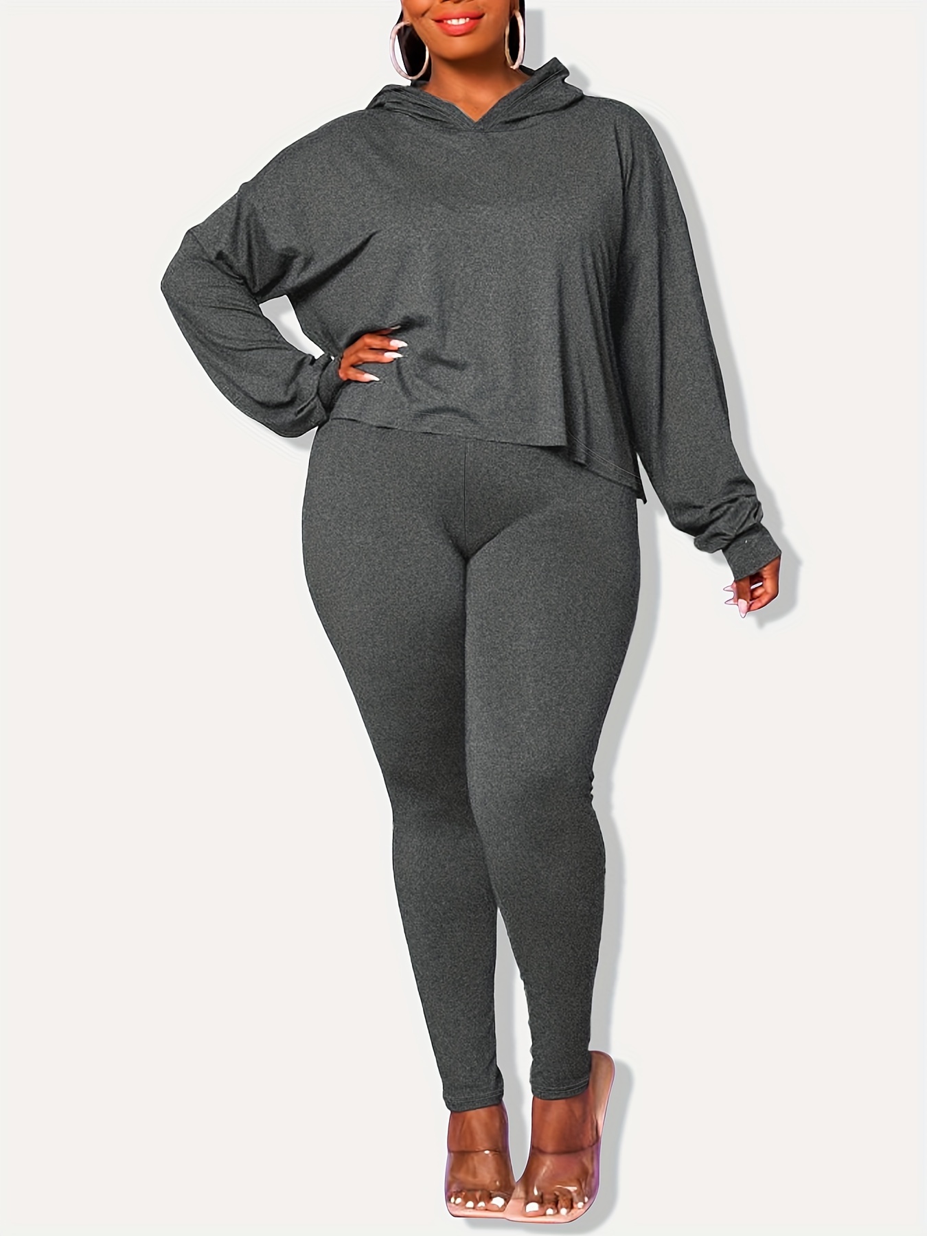 Plus Size Sporty Outfits Set Women's Plus Solid Long Sleeve - Temu