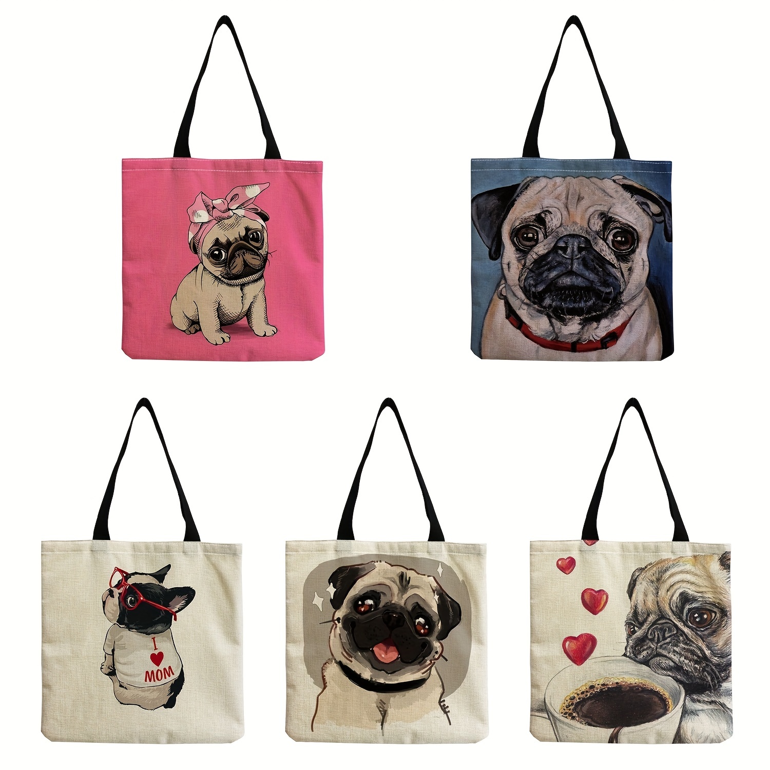 

Kawaii Pug Pattern Canvas Bag, Lightweight Shopping Grocery Handbag, All-match Bag With Fixed Straps