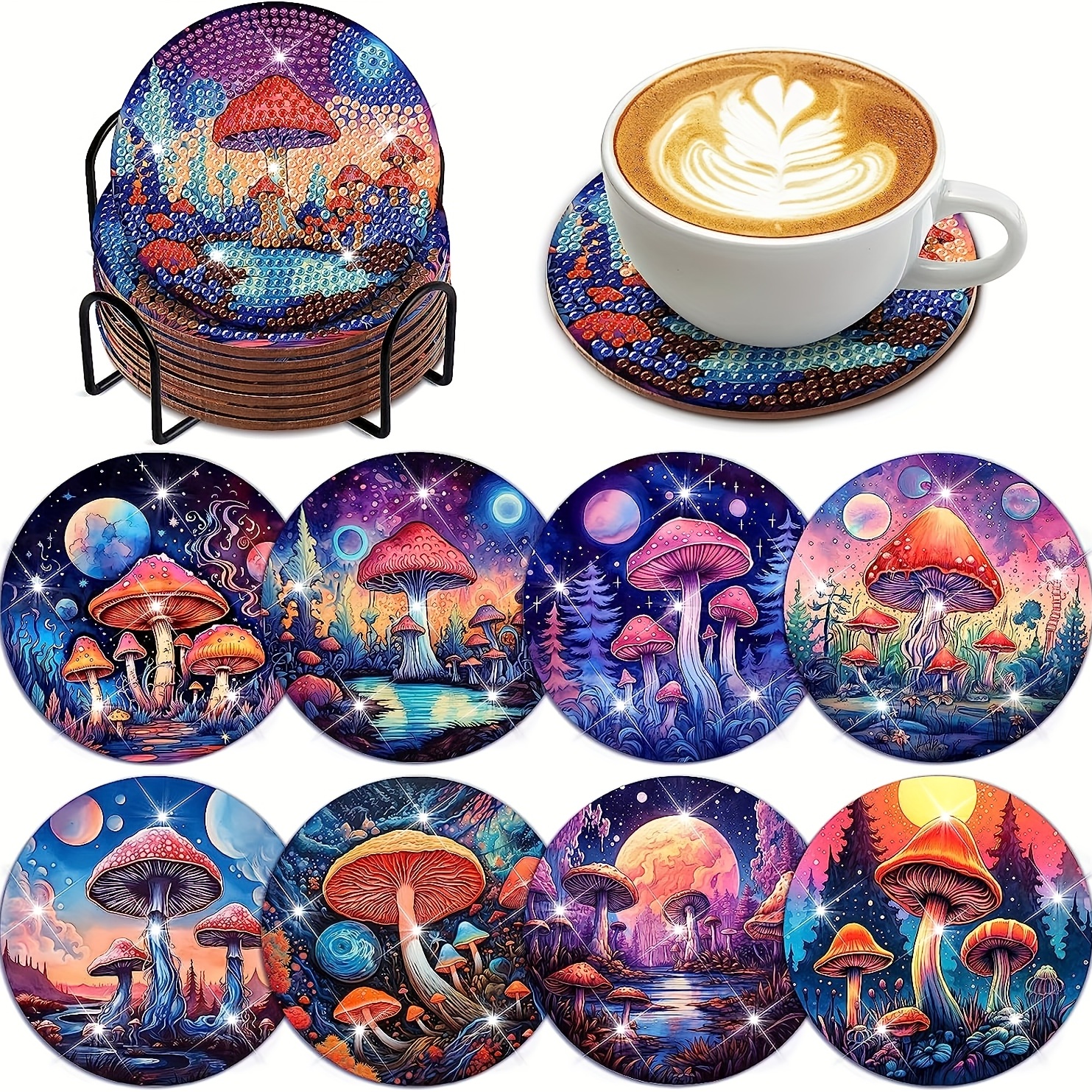 Mushroom Diamond Art Painting Coasters Kits With Holder - Temu