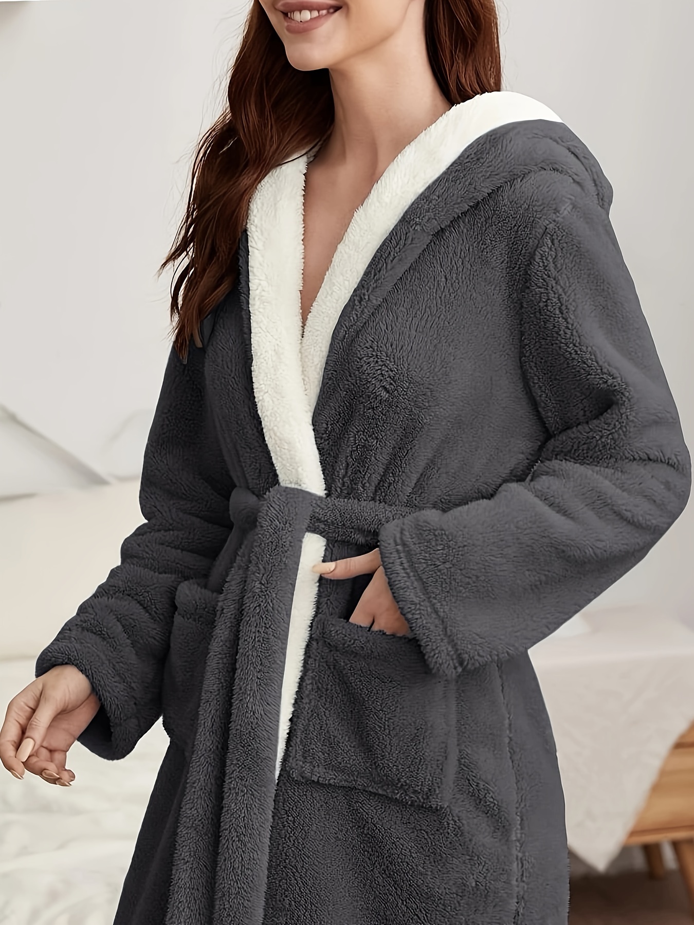 Long Sleeve Cardigan Robe Thickened Fuzzy Button Lounge Robe - Temu