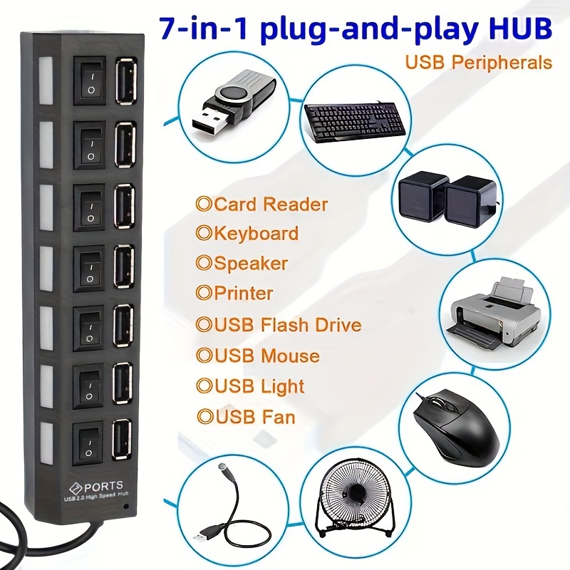 7 Ports / 4 Ports Led Usb 2.0 Adapter Hub Power On / Off - Temu