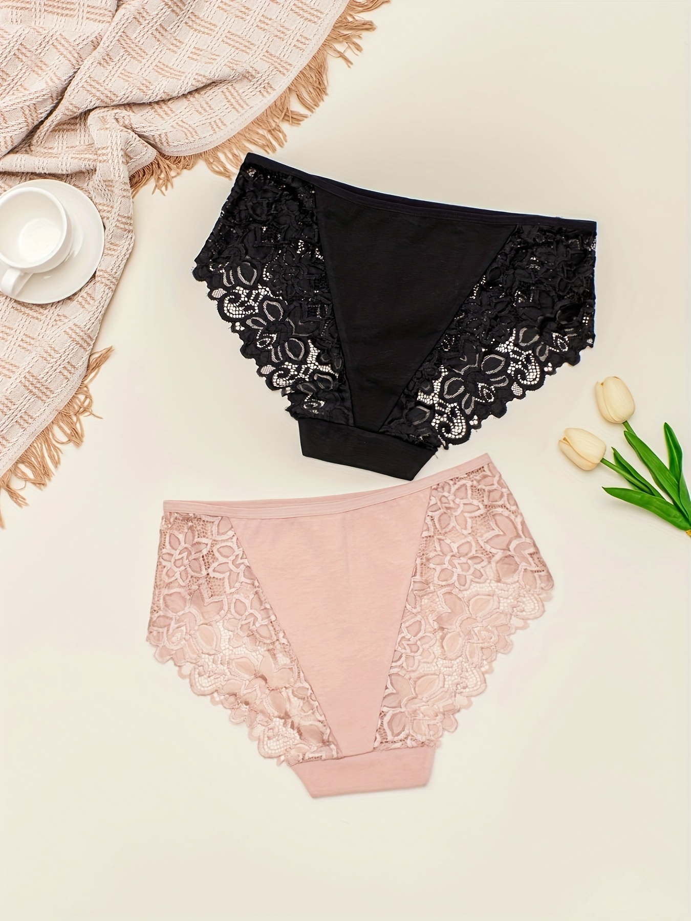 2pcs Women's Lace Underwear, Black + Pink