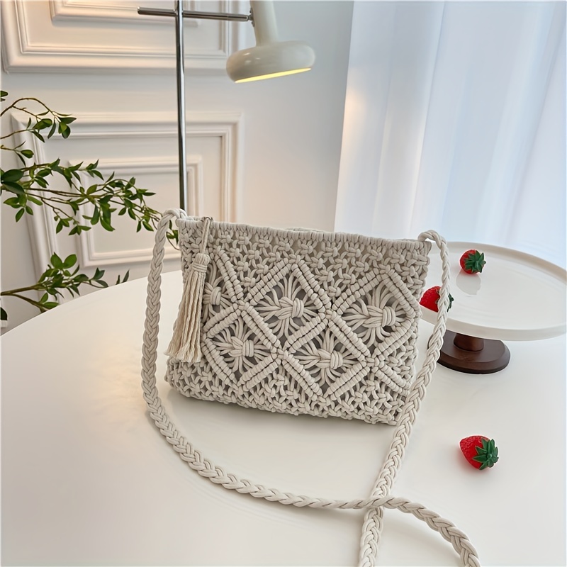 Casual Boho Straw Bag Solid Hollow Woven Square Bag Crossbody Purse