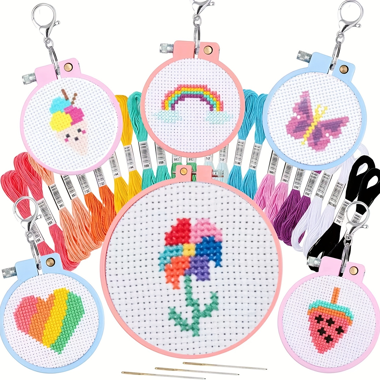 1 Set, Cross Stitch Beginner Kit 1pc Includes 1 Cross Stitch Cloth Stamped  With Pattern+1 Colorful Hoop+1 Key Ring+1 Needle+1 English Instruction+ En