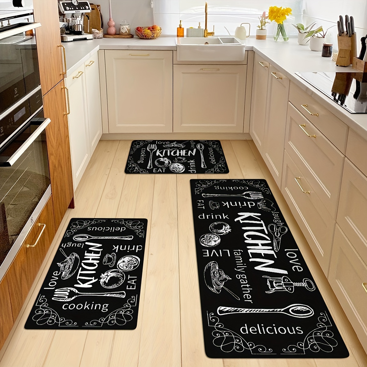 omezin Blue and Gold Kitchen Rugs Set 2 PCS Anti Fatigue Non Skid Mats  Waterproof Cushioned Kitchen Sink Mats Padded Kitchen Mats for Standing  Floor, Laundry, Bathroom, Office 