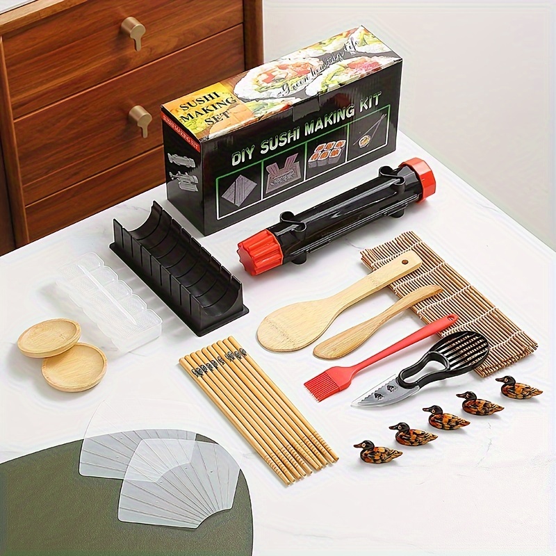 Kit de fabrication de sushis, fabricant de bazooka à sushi tout-en-un avec  tapis de bambou, baguettes en bambou, trancheuse d'avocat, pagaie,  épandeur, couteau à sushi, porte-baguettes