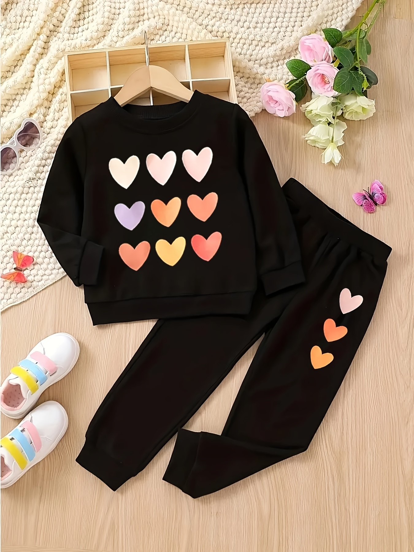 Girls Solid Outfits Crew Neck Top + Jogger Pants Set Comfy - Temu