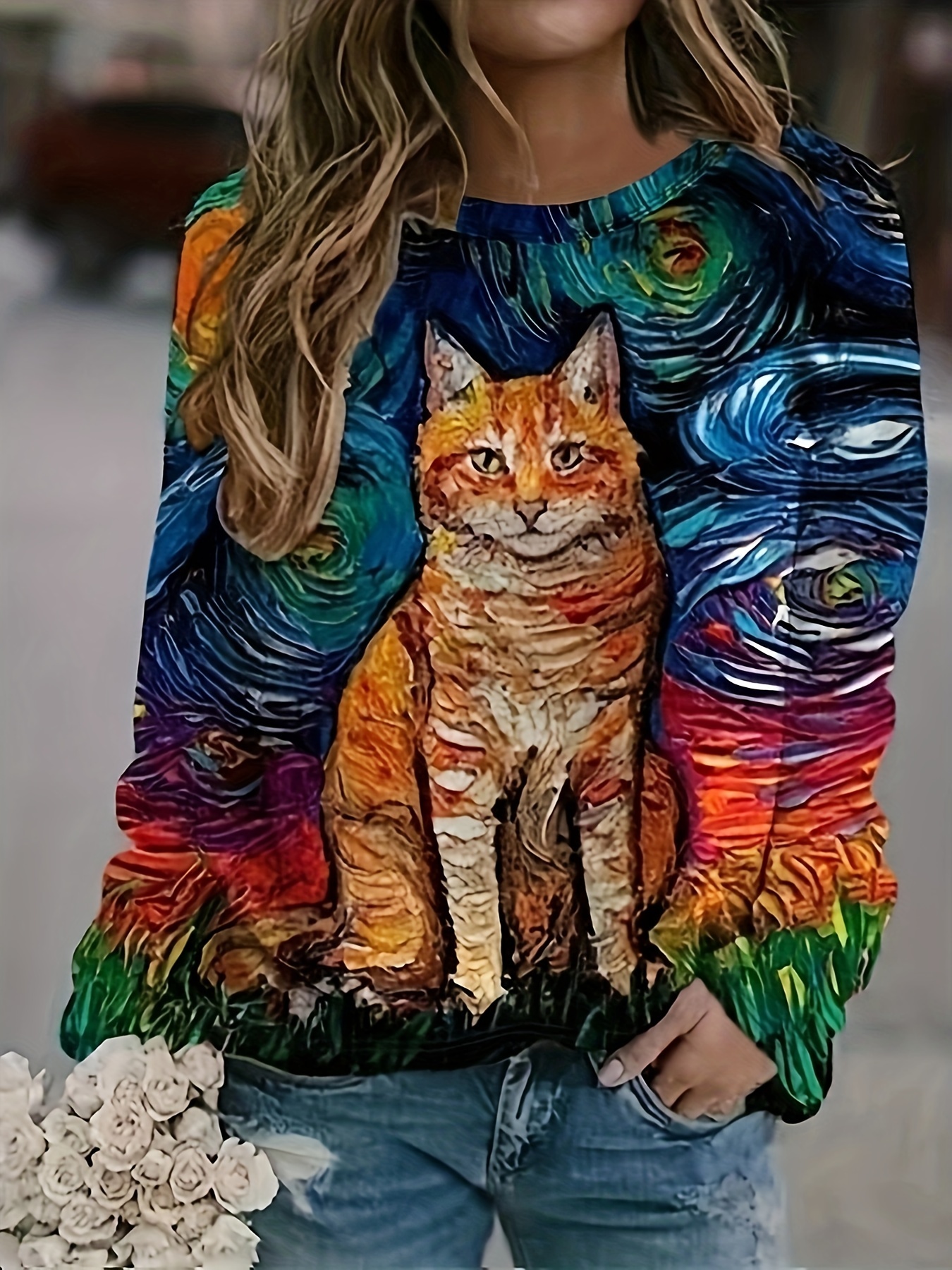Camisola de manga comprida estampada para gato feminina, Hoodies