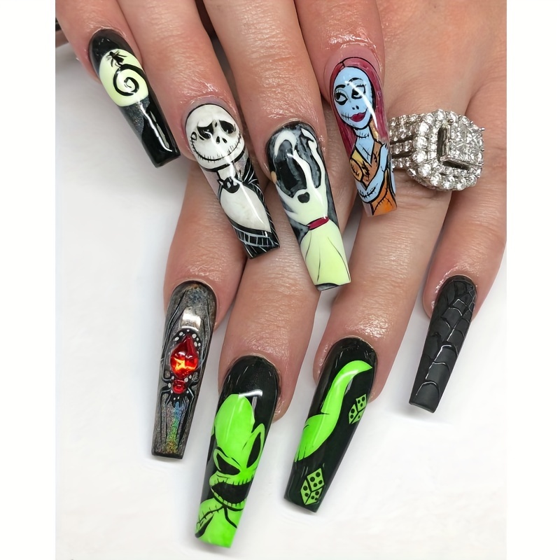24pcs Glossy Medium Almond Fake Nails, Halloween Funny Press On Nails With  Scream Ghost Flame Design Sweet Cool Full Cover False Nails For Women Girls