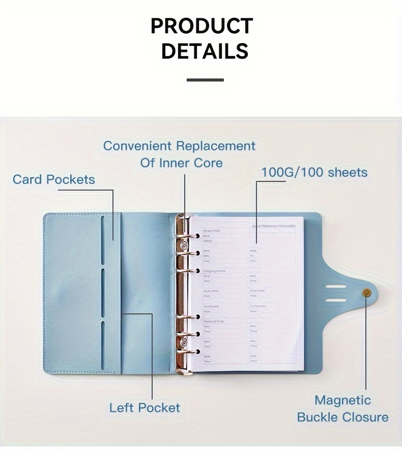 1pc Quaderno raccoglitore ad anelli A5/A6 in PU blu incluso carta,  copertina raccoglitore in pelle sintetica 6 anelli per carta da  riempimento, raccoglitore A5/A6 rifornibile per pianificatore personale di  bilancio - Temu