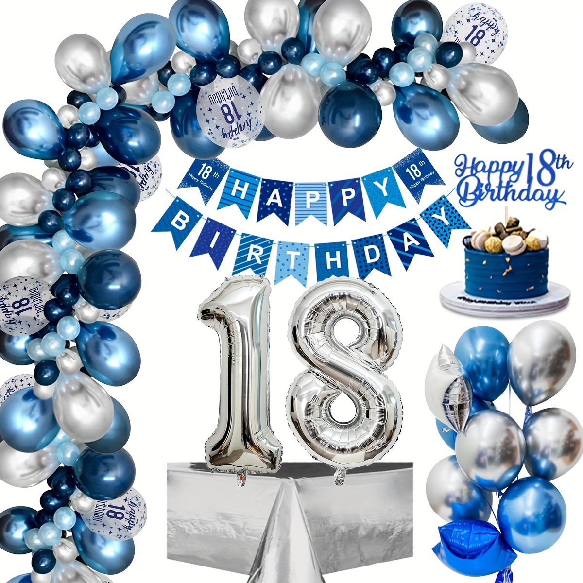 Decoraciones de cumpleaños número 18 para hombres, mujeres, niños y niñas,  suministros de fiesta de cumpleaños azul y negro con globo de número 18