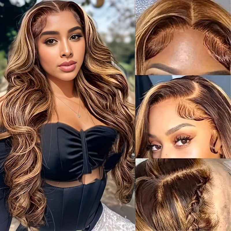  28 Inch 4/27 Highlight Ombre Lace Front Wigs Human Hair Pre  Plucked Honey Blonde 13x4 Body Wave Lace Frontal Human Hair Wigs For Black  Women with Baby Hair 180% Density