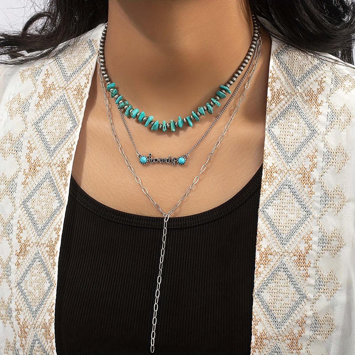 

Boho Style Turquoise Stone Decor Ranch Style Cowboy Cowgirl Layering Western Necklace For Women