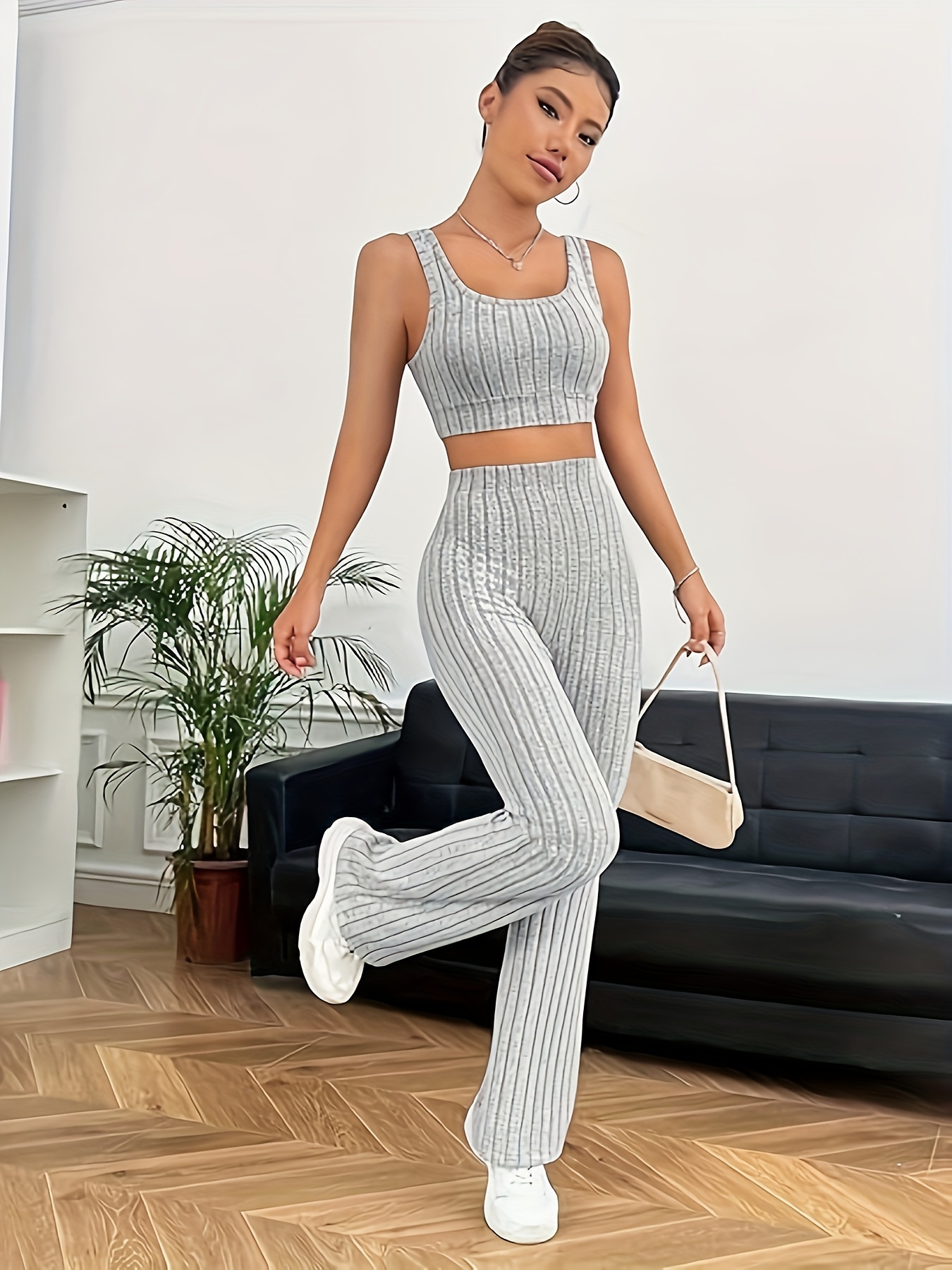 Solid Casual Two-piece Set, Sleeveless Cropped Tops & Workout Drawstring  Leggings Outfits, Women's Clothing