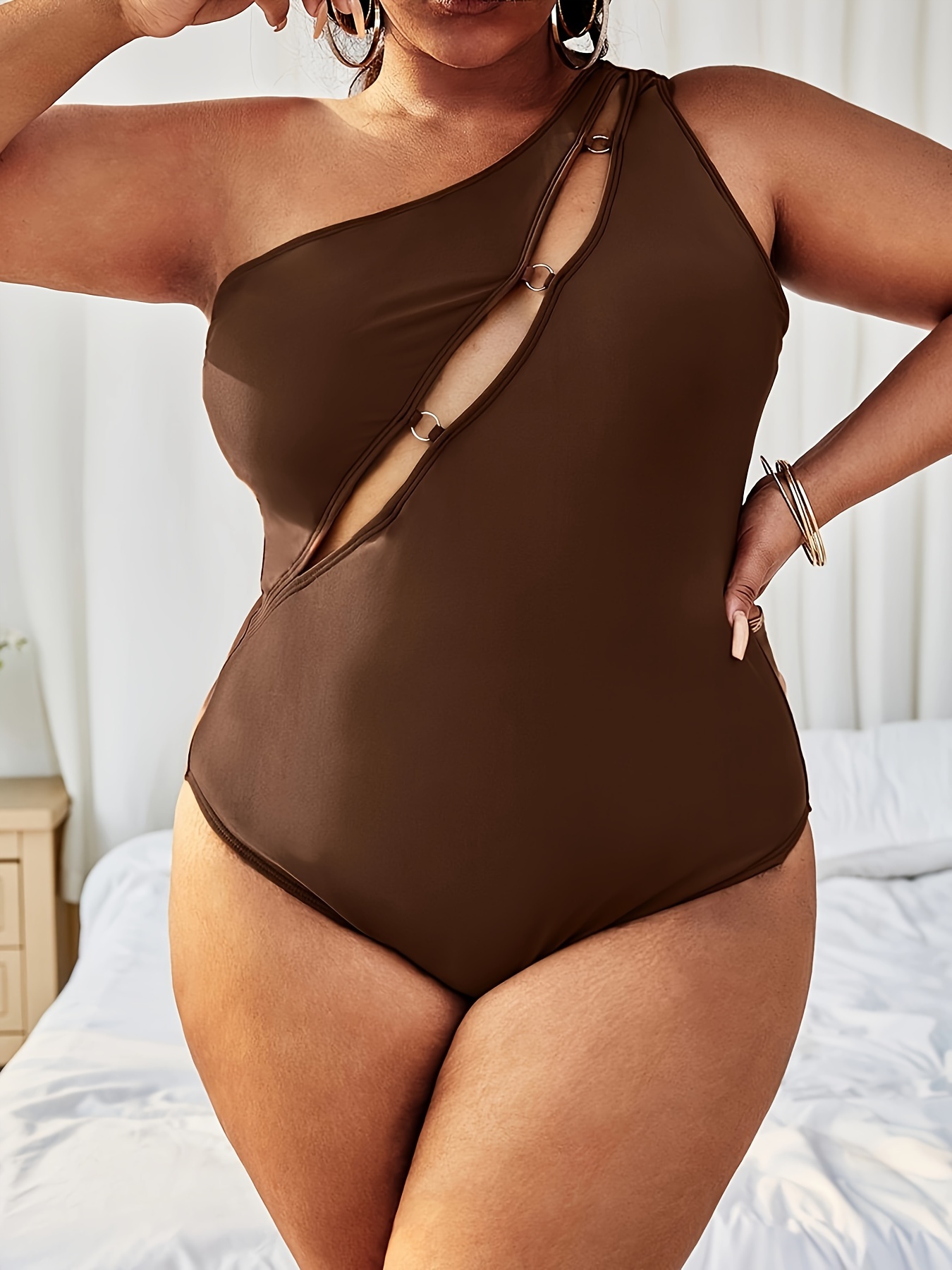 Plus Size Sexy Swimsuit Women's Plus Solid Ring Linked One - Temu