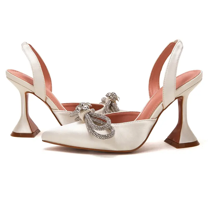 womens rhinestone bow high heels pointed toe slip on slingback pyramid heels fashion wedding dress pumps details 0
