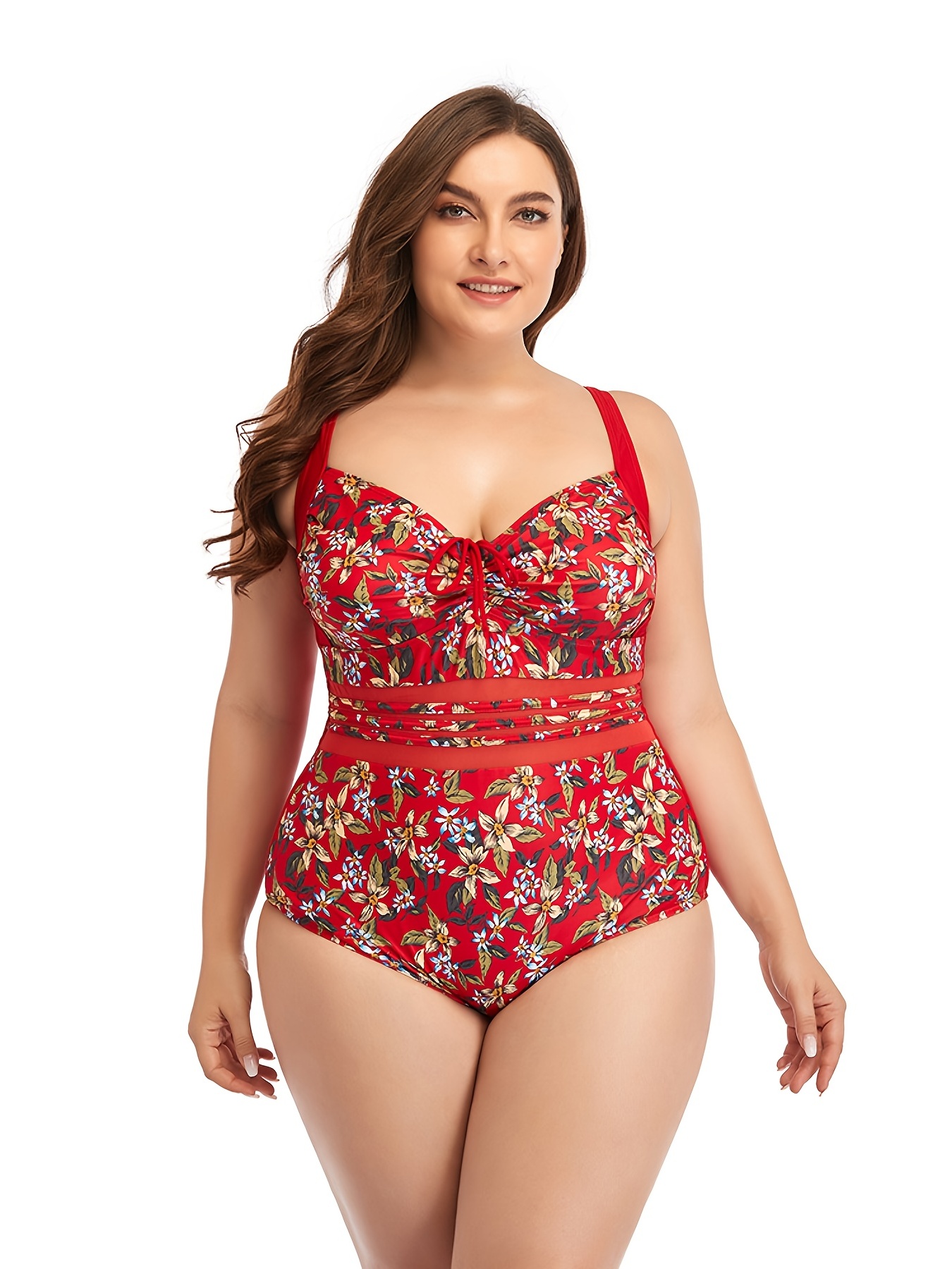 Floral Print Ruched Bust Swimsuit High Cut Square - Temu Canada