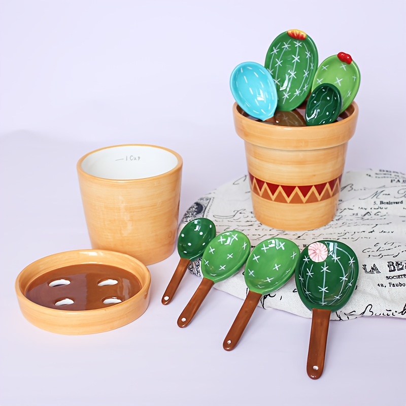 CYNHRWWW Creative Cactus Measuring Spoons Set-Ceramic cactus measuring  spoons set in pot, Measuring Cups & Spoons Set for Baking, Salt, Sugar