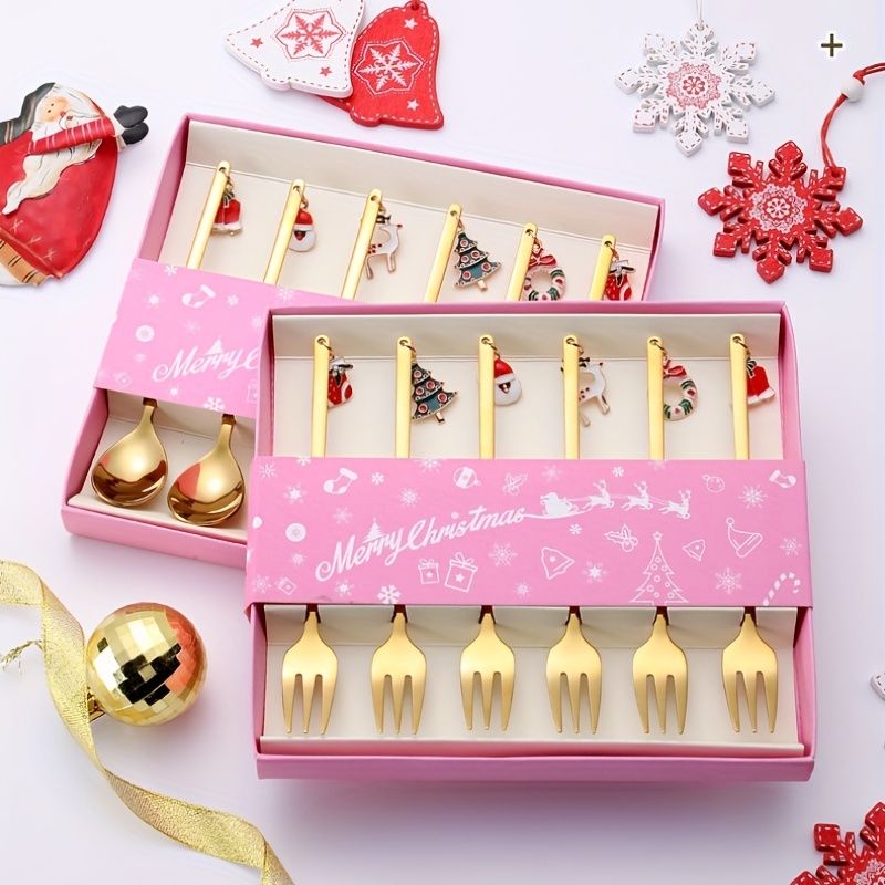 

6pcs Holiday Christmas Spoon Set Cutlery Coffee Spoon Christmas Tree Doll Spoon Spoon Dessert Cake Spoon Gift Box (golden/silvery)