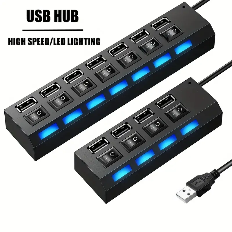 7-Ports LED USB 2.0 Adapter with Hub Power On / Off Switch