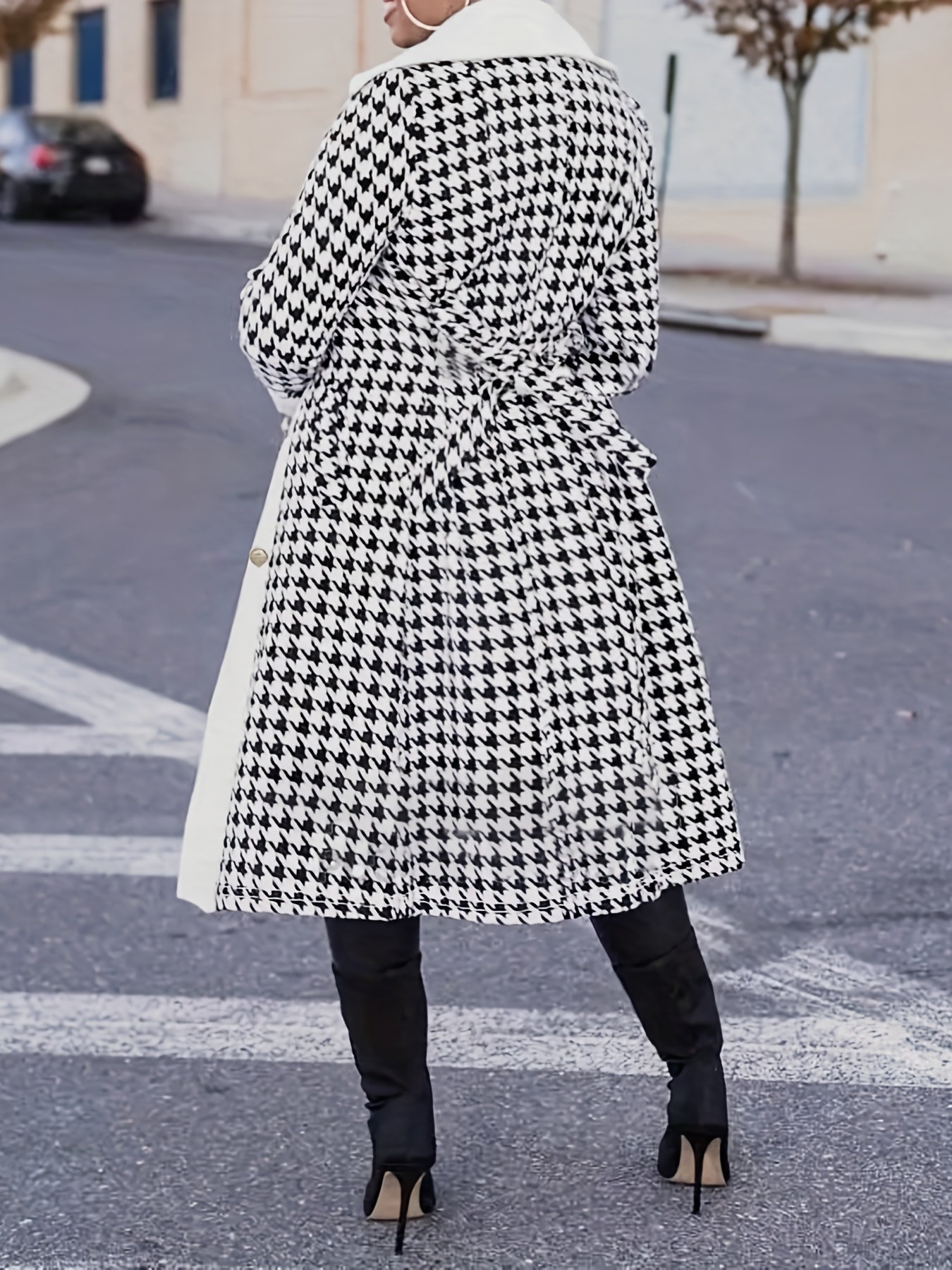 Houndstooth Print Trench Coat Elegant Double Breasted Long - Temu