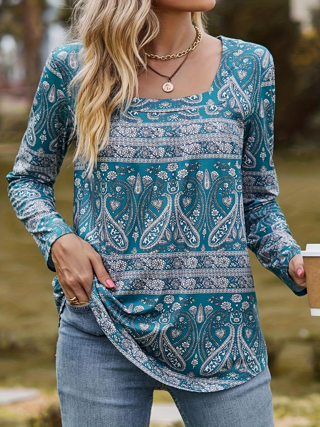 Plus Size Boho T-shirt, Women's Plus Paisley Print Long Sleeve Square Neck  Slight Stretch Top