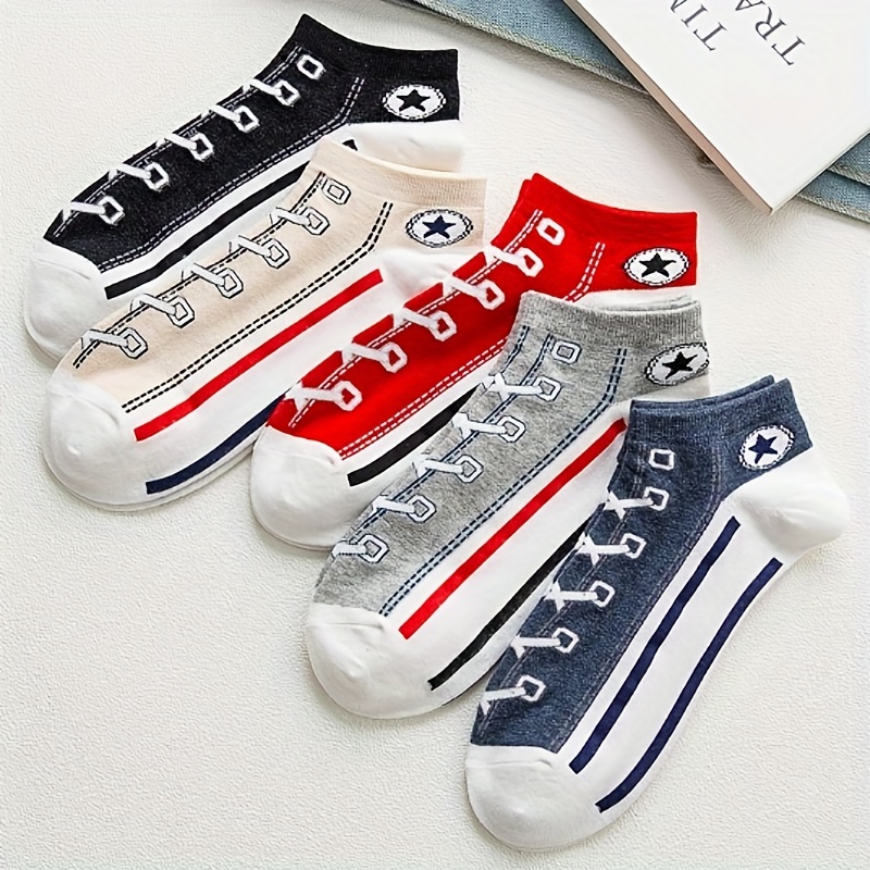 5 pairs of shoe print boat socks fashion hip hops crew socks casual sports socks for outdoor