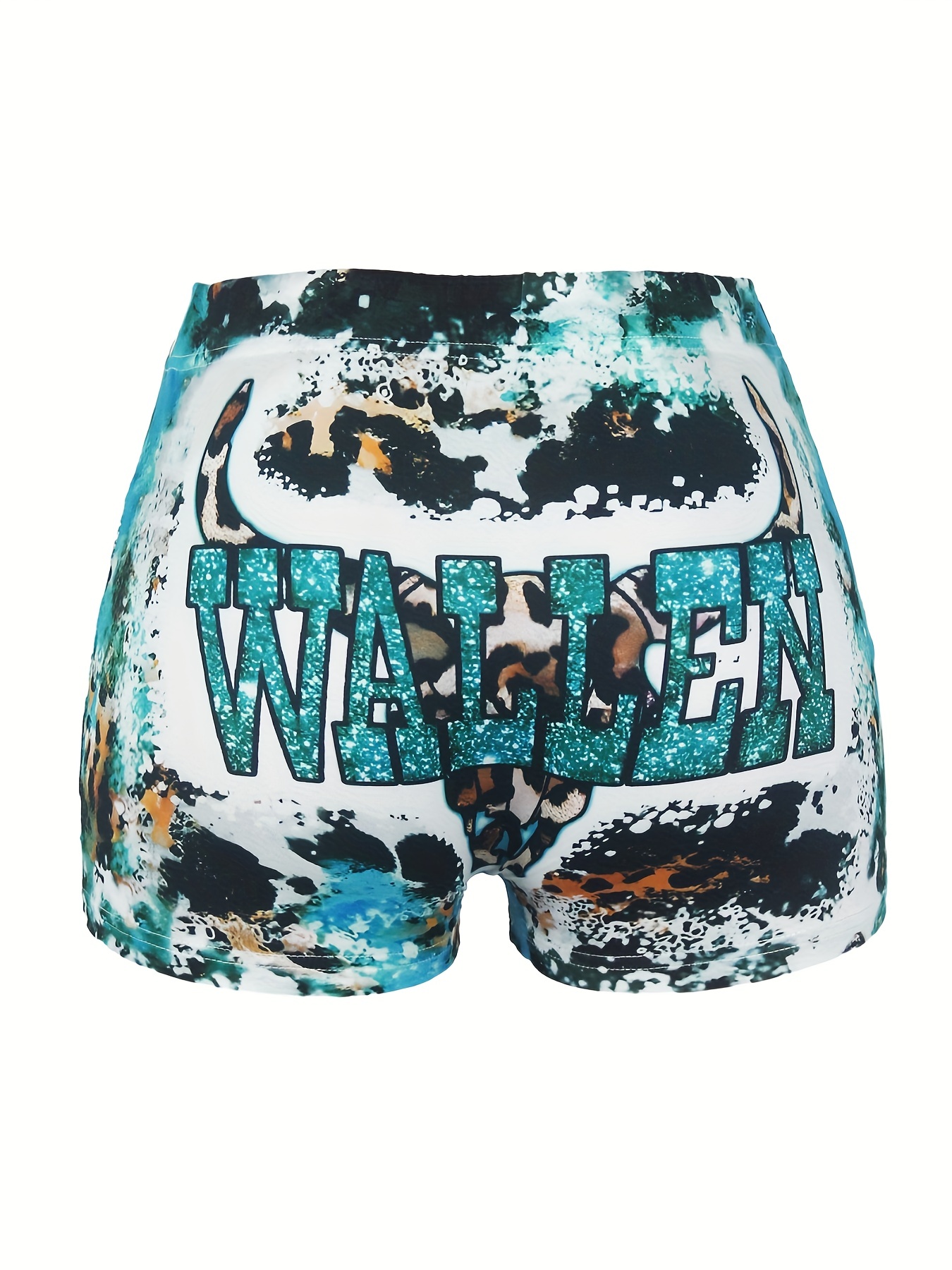 Women's Plus Size Glitter Letter Print Tie Dye Elastic High Rise Medium Stretch Shorts