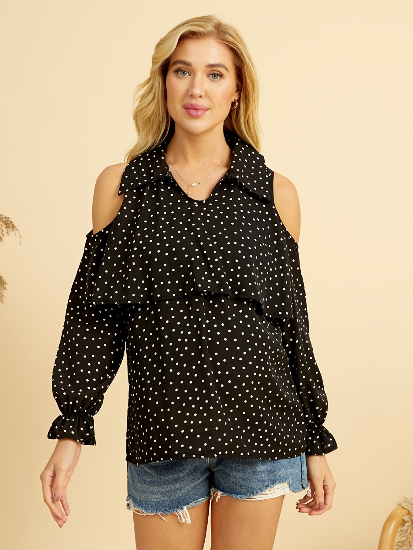 Women's Maternity Cold Shoulder Ruffled Top with Polka Dot Print