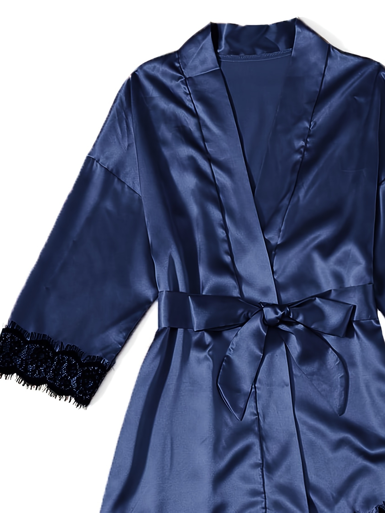 Lace Trim Solid Satin Pajamas Set Long Sleeve Short Robe + V - Temu