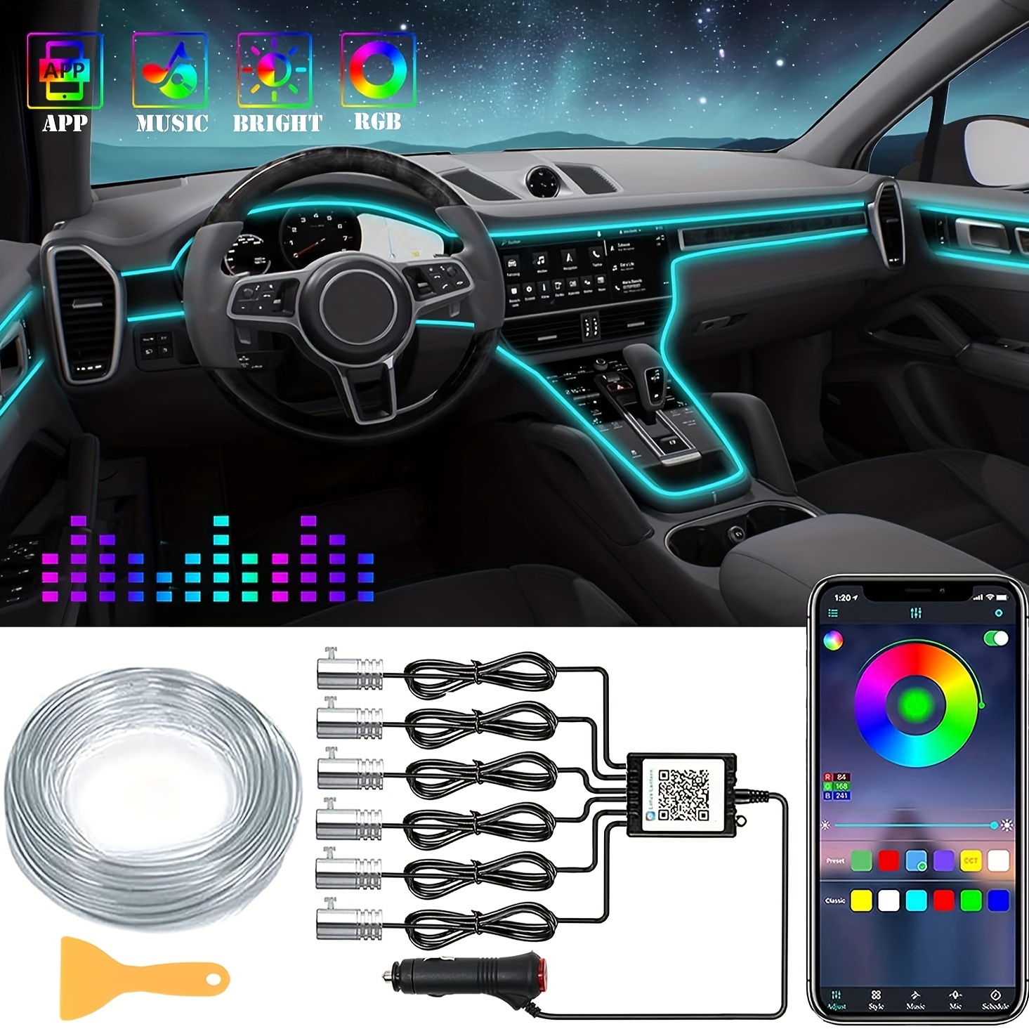 Tira de luces LED para coche, luces interiores RGB para coche, control de  aplicaciones, 16 millones de colores, 5 en 1 con fibra óptica de 236.22