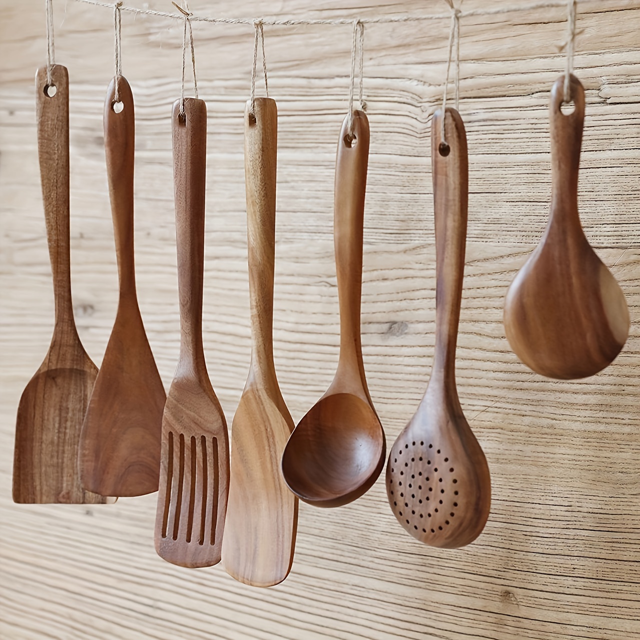 Cucharas de madera para cocinar, juego de utensilios de cocina  antiadherentes, cucharas de madera, juego de utensilios de cocina de teca  natural