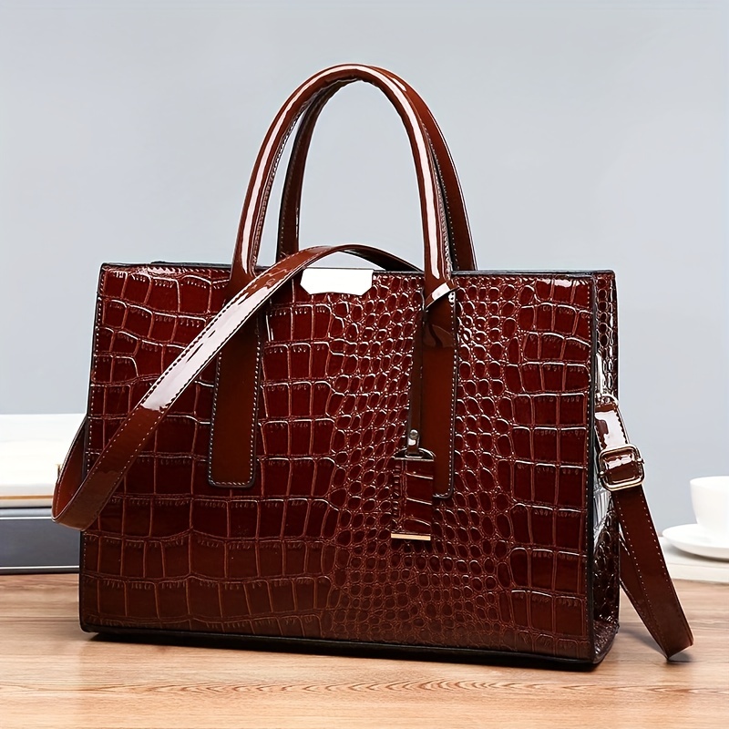 Elegant Crocodile Embossed Tote Bag, Large Capacity Satchel Bag