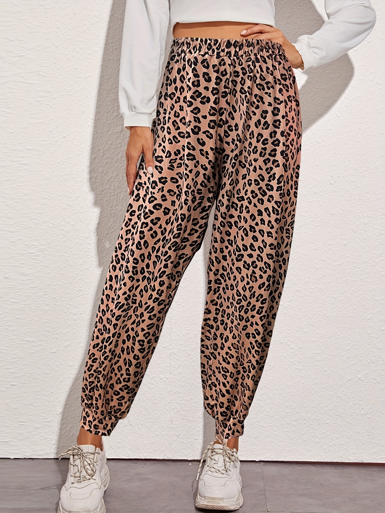Plus Size Sexy Pants, Women's Plus Leopard Print Elastic High * Slight  Stretch Jogger Trousers