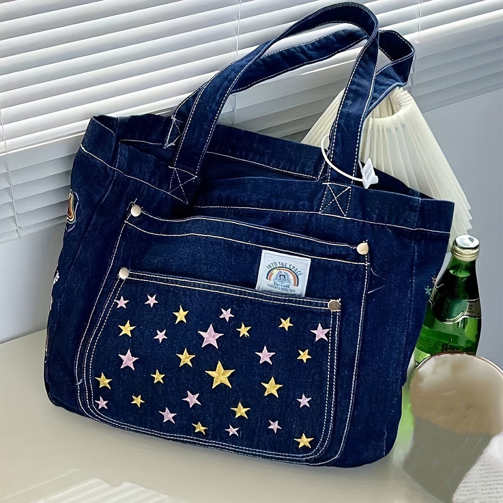 Original Design Blue Star Decorated Women's Bag, Denim Fabric Tote Bag,  Unique Korean Style Casual Bag, Fashionable Y2k Trendy Handbag