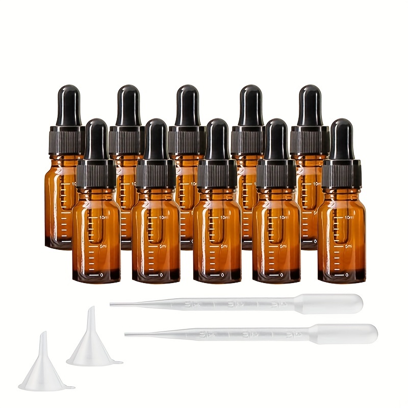 

10pcs 10ml Glass Dropper Bottle, Amber Graduated Glass Bottle With Round Head Glass Graduated Dropper And Black Cap, For Essential Oils, Laboratory Chemicals And Perfumes Storage - Travel Accessories