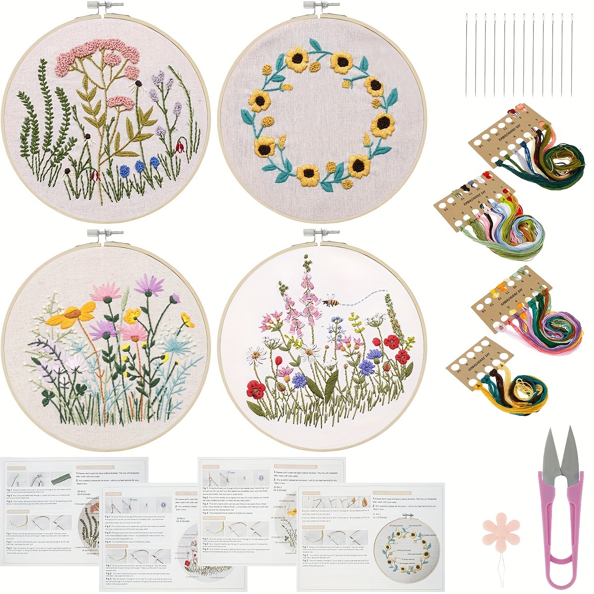 3 Sets Embroidery Kit for Beginners Adults Starter with 1Pcs A4 Stick and  Stitch Embroidery Paper Sticker for Patterns Transfers,DIY Needlepoint