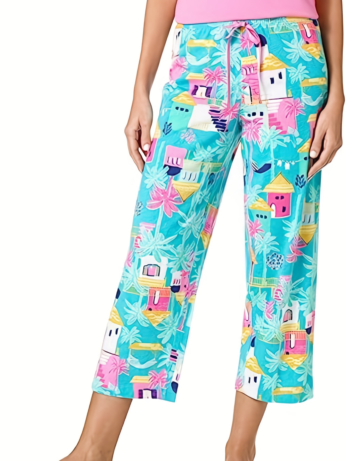 Cartoon Print Loose Cropped Pants, Casual Elastic Waist Comfy Pants,  Women's Clothing