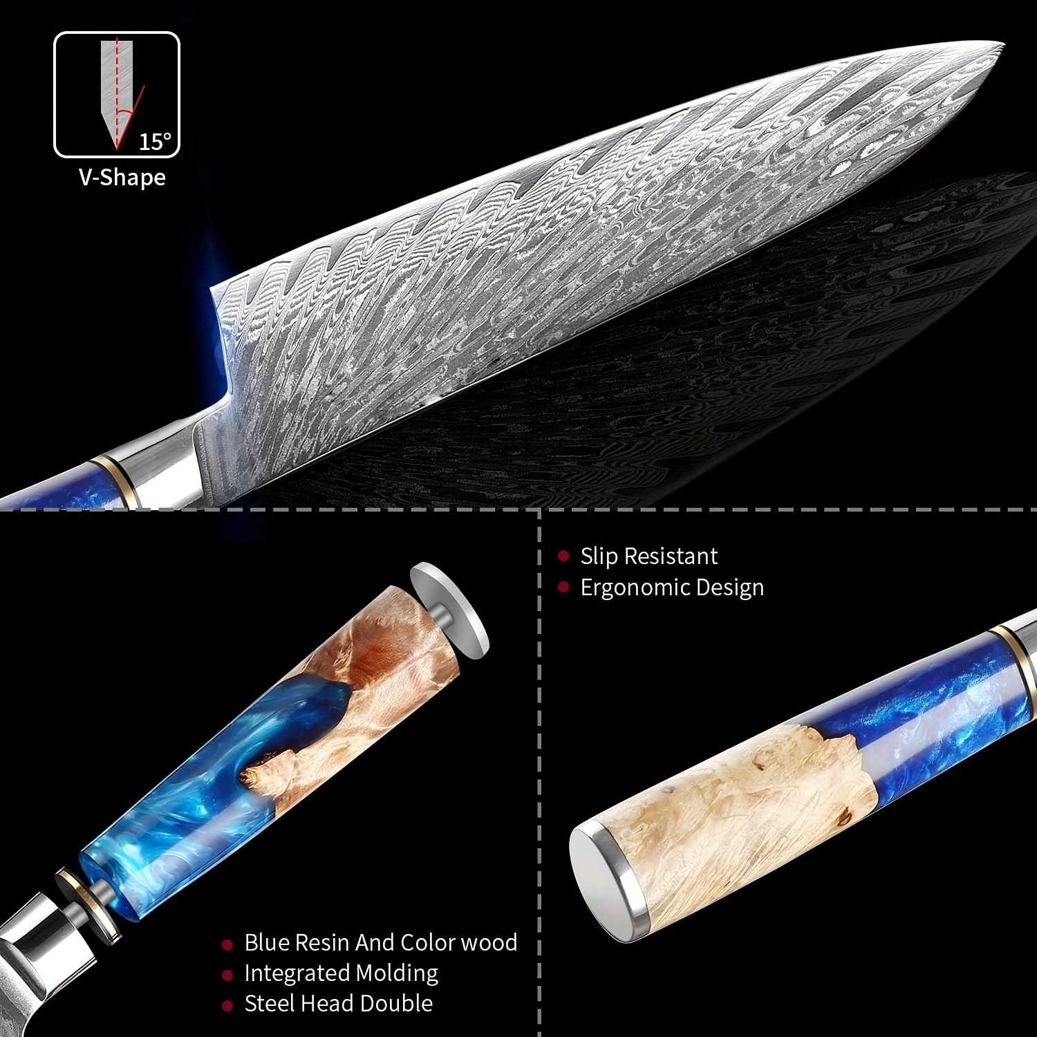 IBO Cuchillo de cocina de acero Damasco cuchillo de cocina japonés de 8  pulgadas, mango octogonal de madera curada de resina de madera  estabilizada