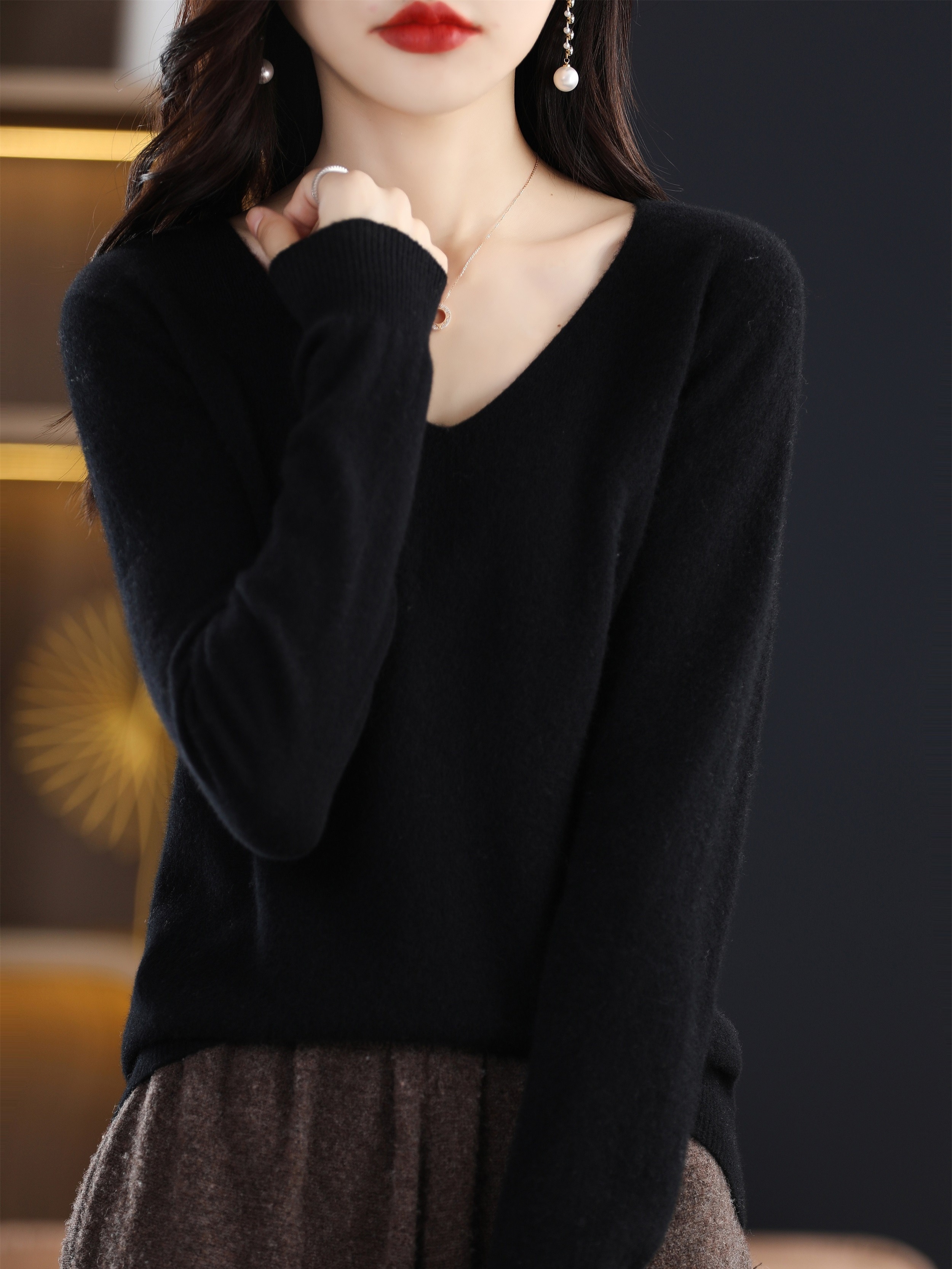 Solid Simple Knit Wool Sweater Elegant V Neck Long Sleeve - Temu