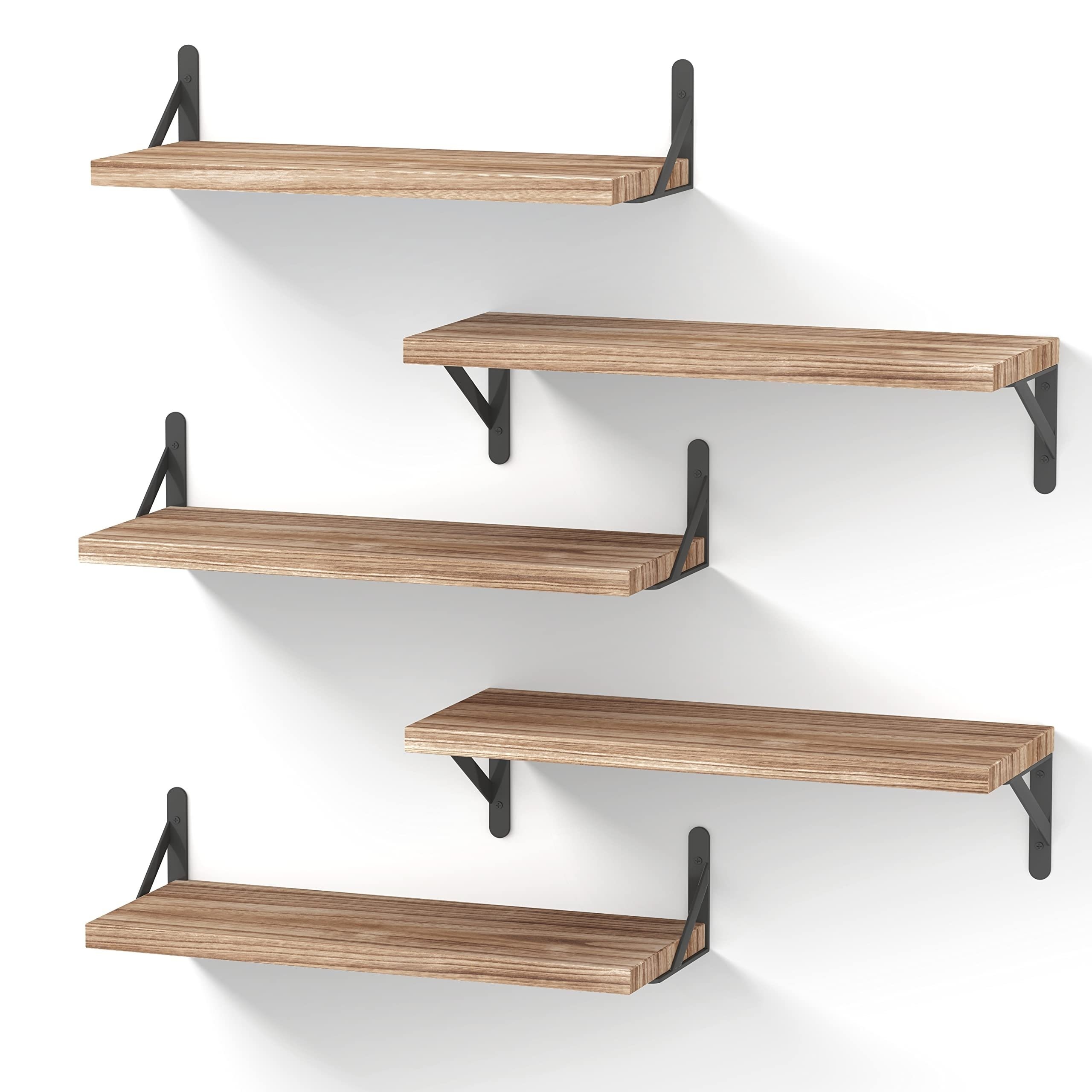 BAMEOS Wall-Mounted Wood Shelf with 5 Dual Hooks for Bathroom, Living Room,  Bedroom (White-with Shelf)