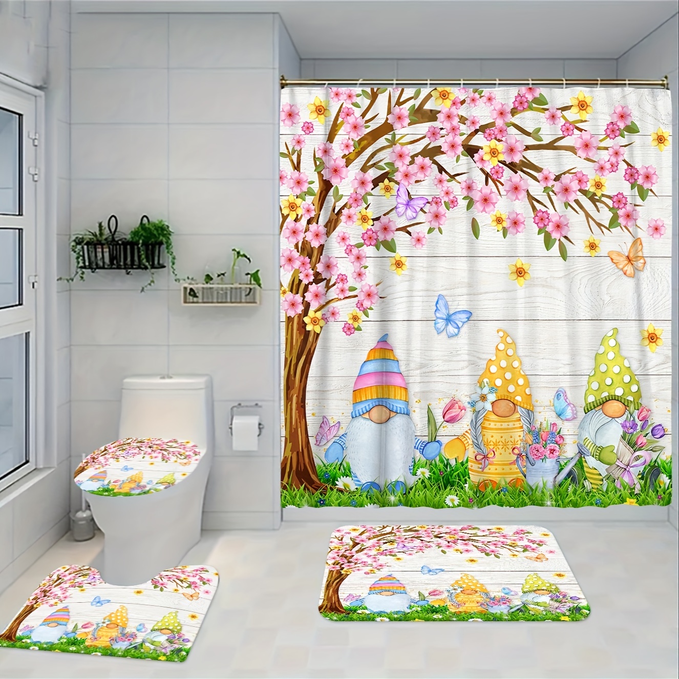 Colorful Tree Pattern Shower Curtain Set, Bathroom Rug, U-shape